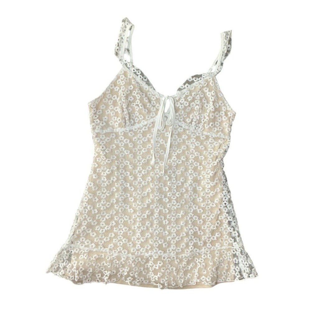 Lulus White Lace Floral Mini Dress Tie Front Ruffle Hem Size L